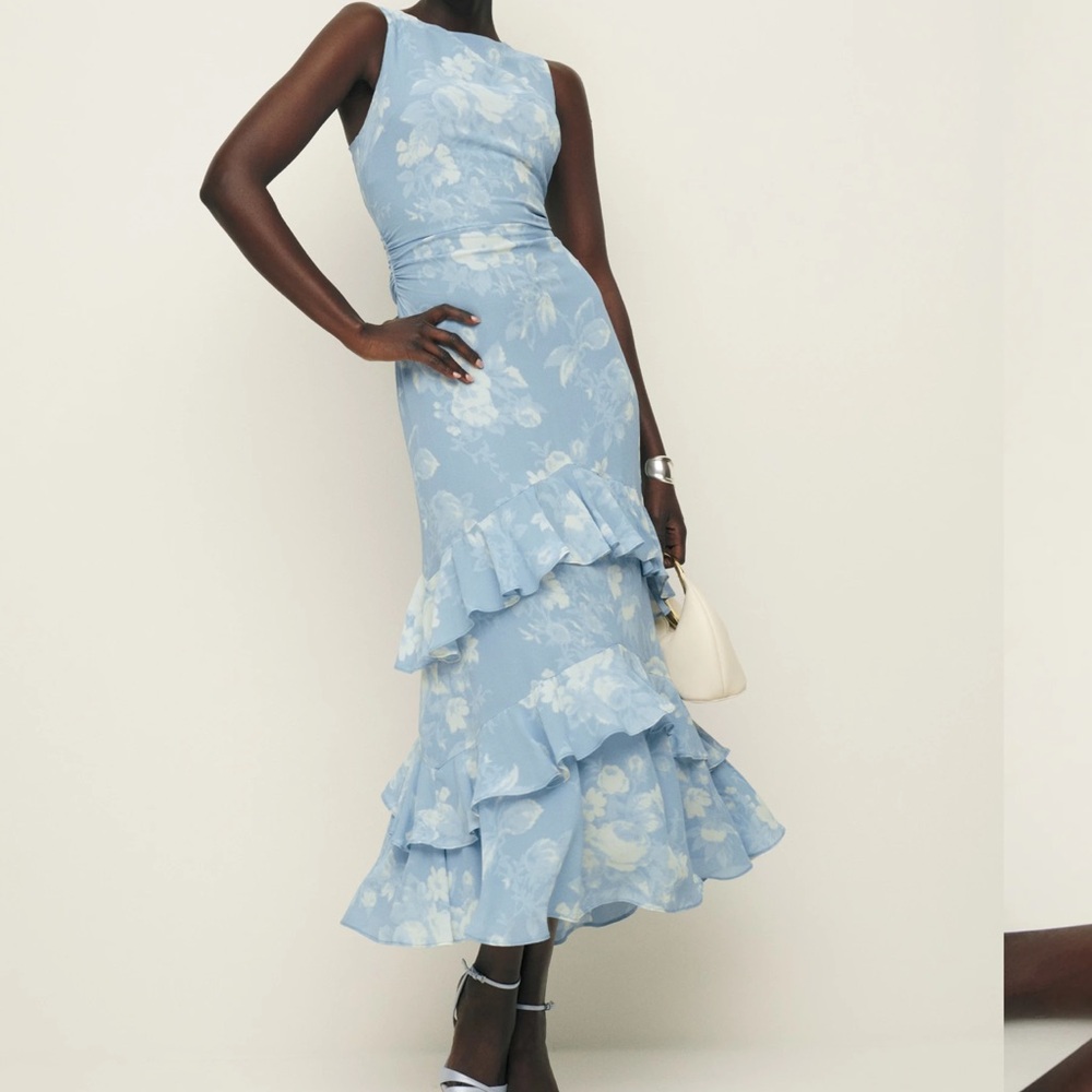 Reformation Floral Blue Ruffle Dress